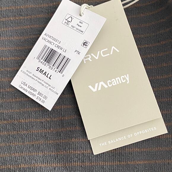 RVCA Men's Small VAcancy Crew Neck Long Sleeve T-Shirt Brown Stripe NEW - Picture 11 of 11